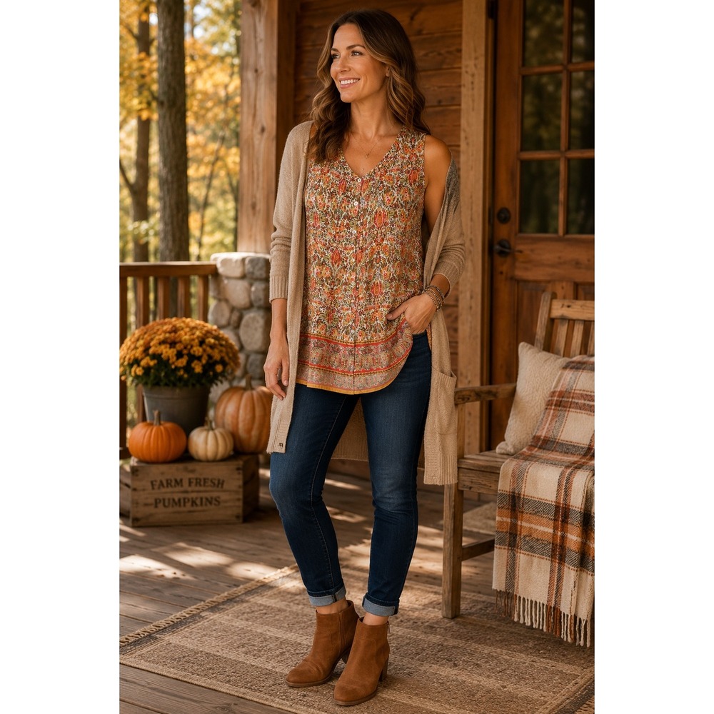 J. Jill Womens Large Orange Paisley Floral Sleeveless Button Front Blouse Top